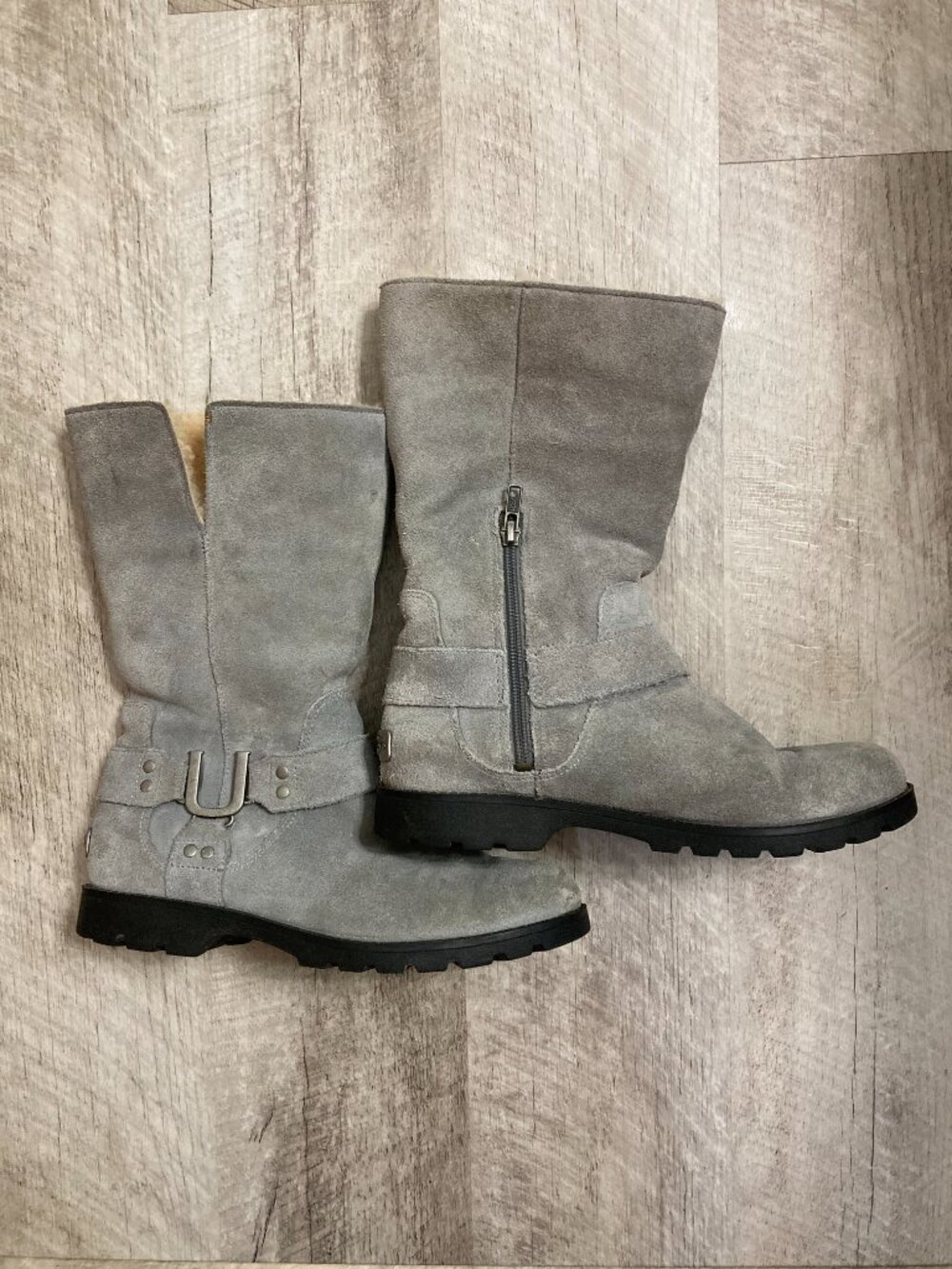 UGG Tall Gray Suede Boots With Metal U Buckle - 8